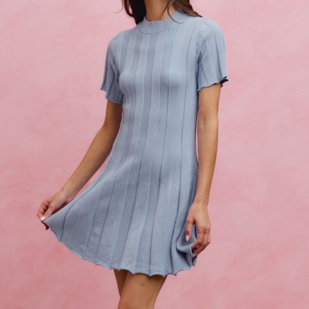 SO ME  Short Sleeves  Mini Blue Ribbed Knit Sweater Dress sz Small [2/4] | Easte